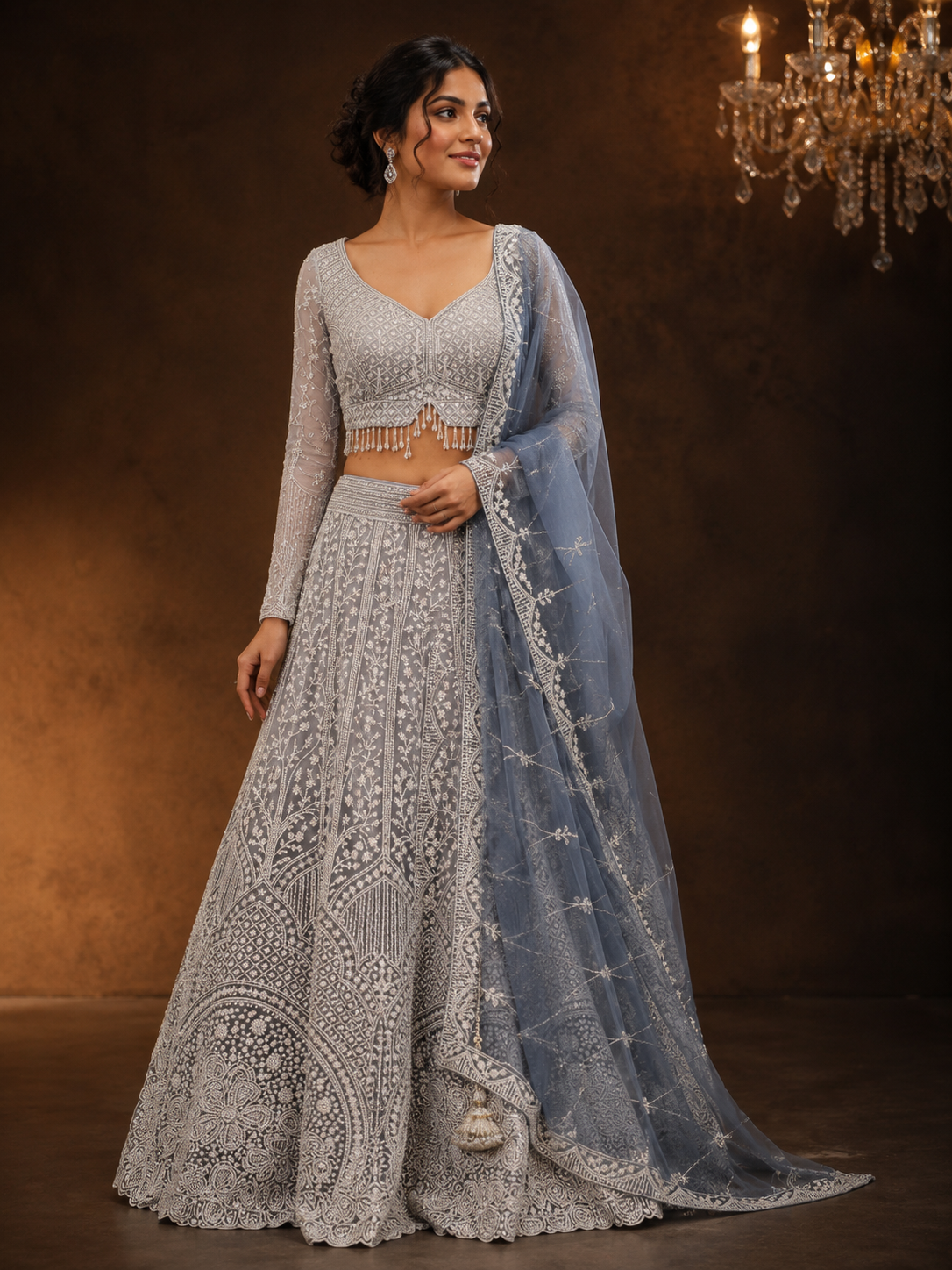 Grey Silk Designer Lehenga Choli with Heavy Embroidery & Net Dupatta